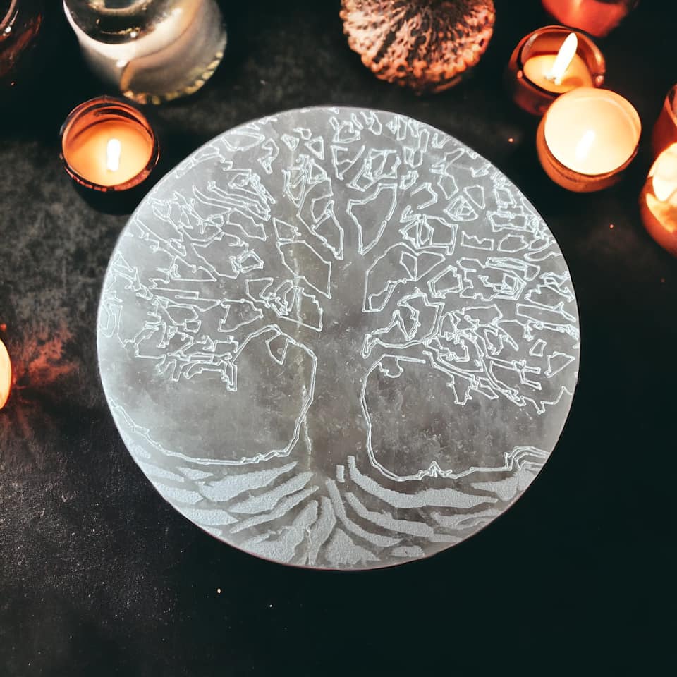 Cercle de sélénite arbre de vie, plaque de rechargement cristaux