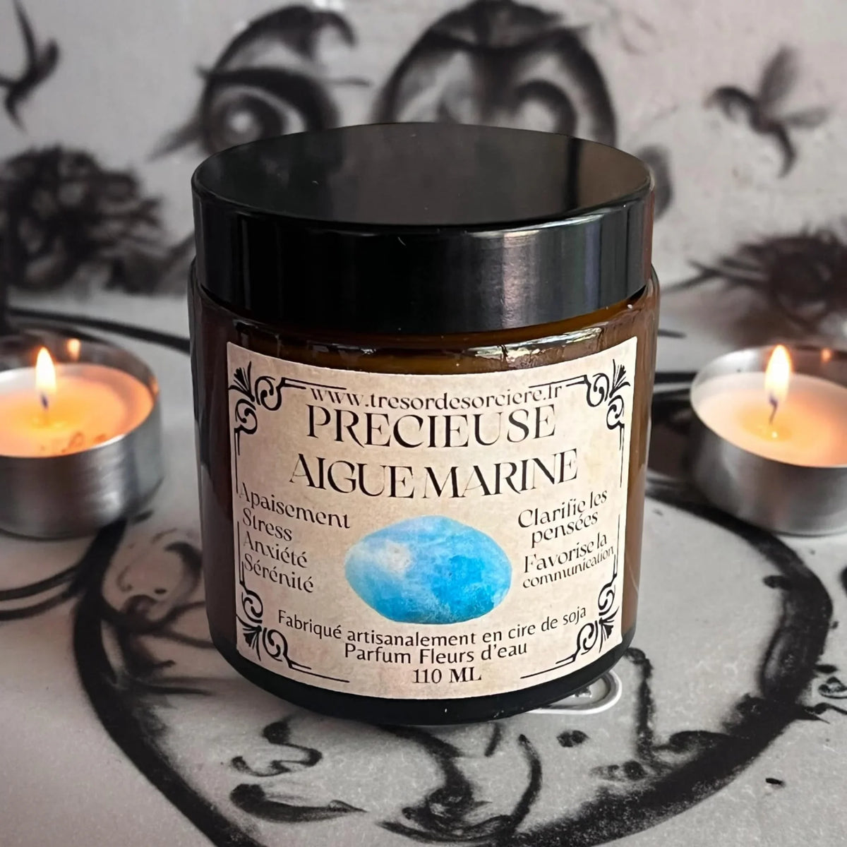 Bougie Précieuse Aigue-Marine, détail cristal