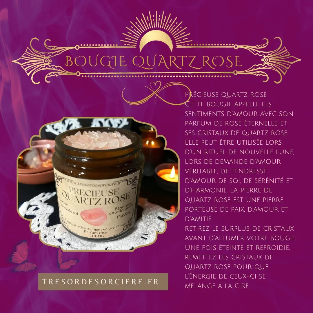 Bougie Précieuse Quartz Rose, bougie sorcière