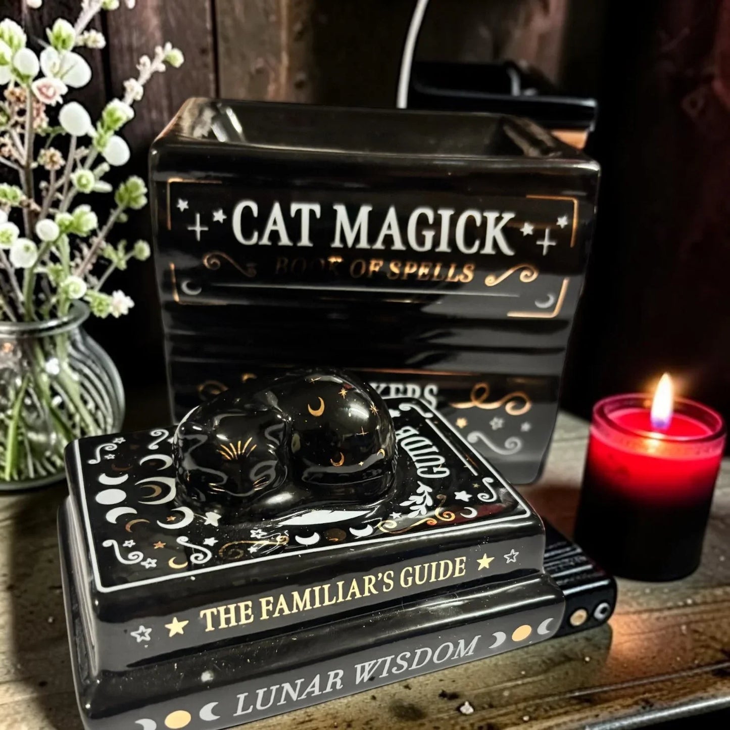 Brûleur fondants parfumés, brûleur grimoire, brûleur chat noir, brûle parfum sorcière