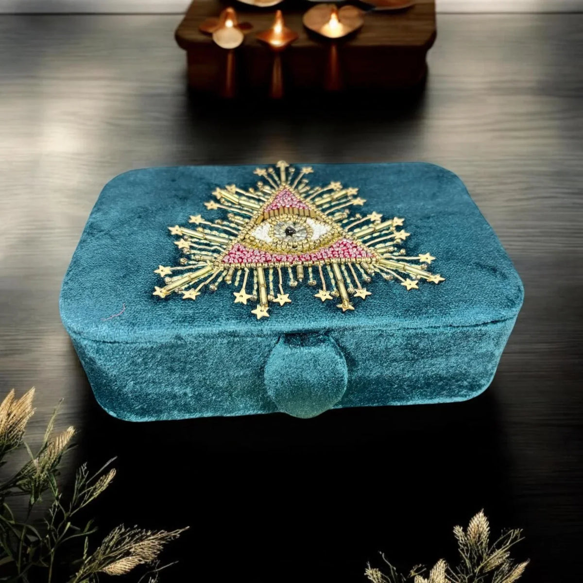 Coffret tarots et bijoux, bleu pétrole détail