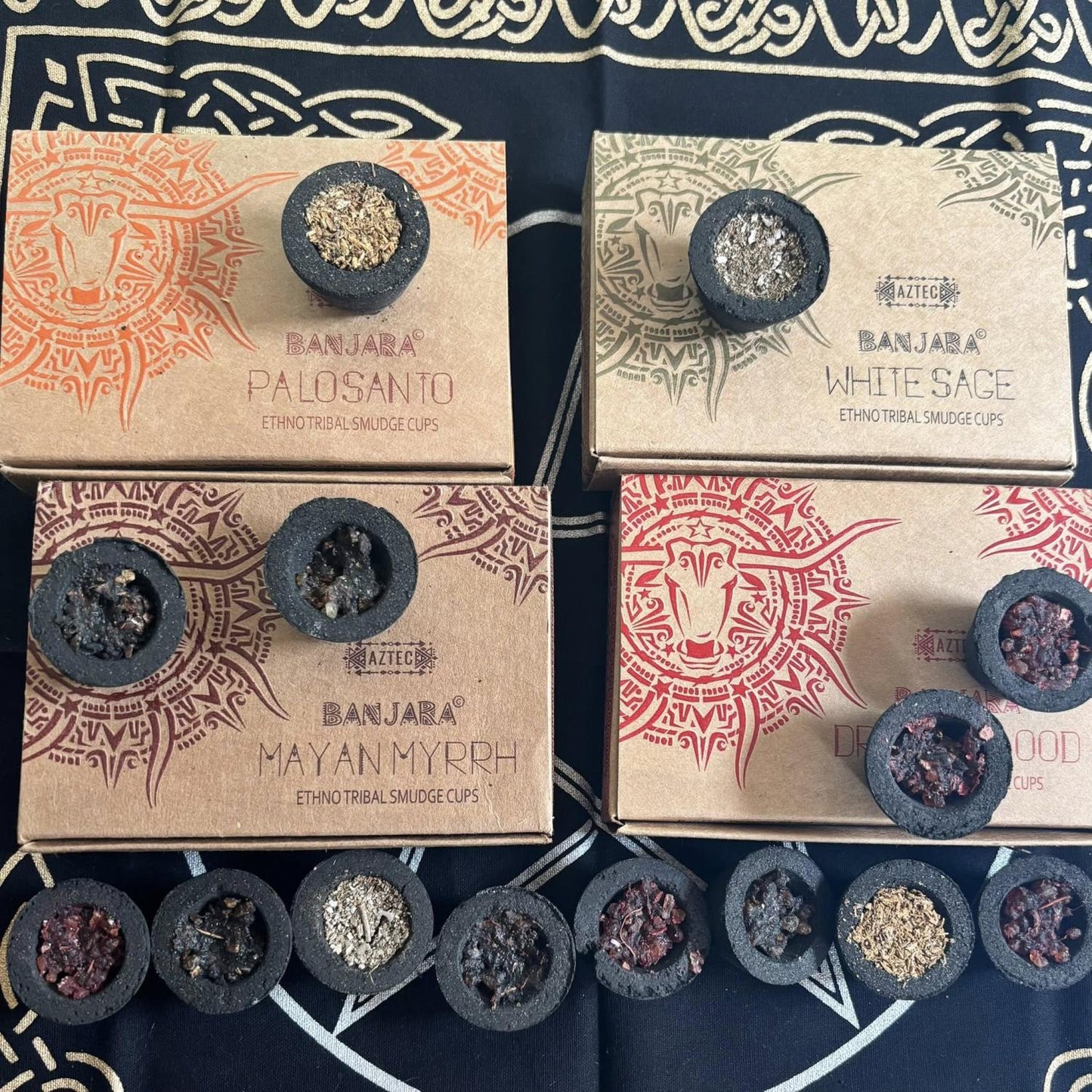 coupelles de fumigation, myrrhe, sauge, palo santo, sang de dragon