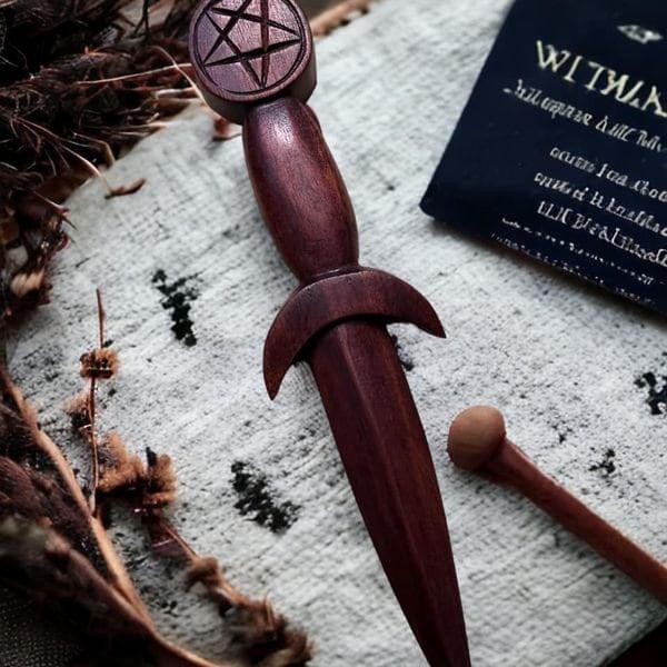 Athame pentacle en bois, détail pentacle gravé