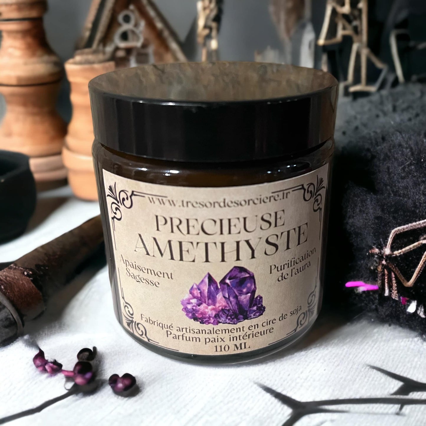 Bougie méditation, Précieuse améthyste, bougie d'intention