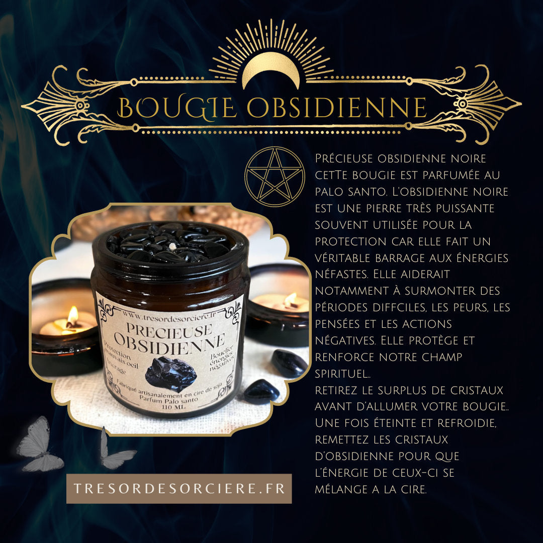 Bougie protection, bougie précieuse obsidienne noire