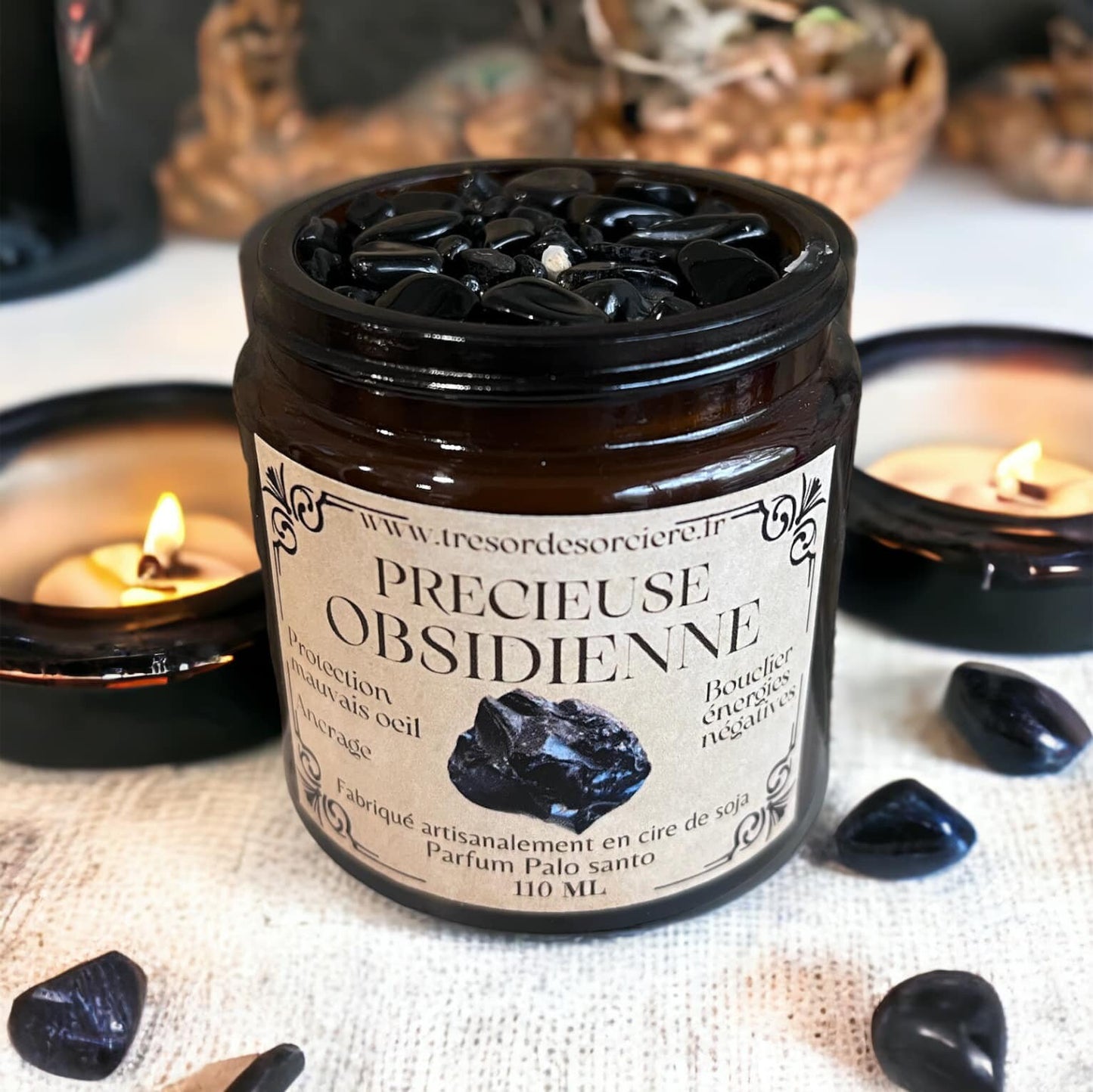 Bougie protection, bougie précieuse obsidienne noire