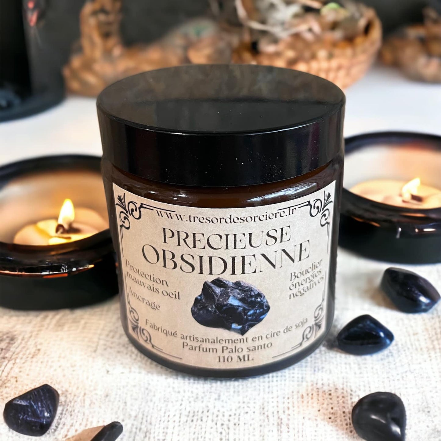 Bougie protection, bougie précieuse obsidienne noire