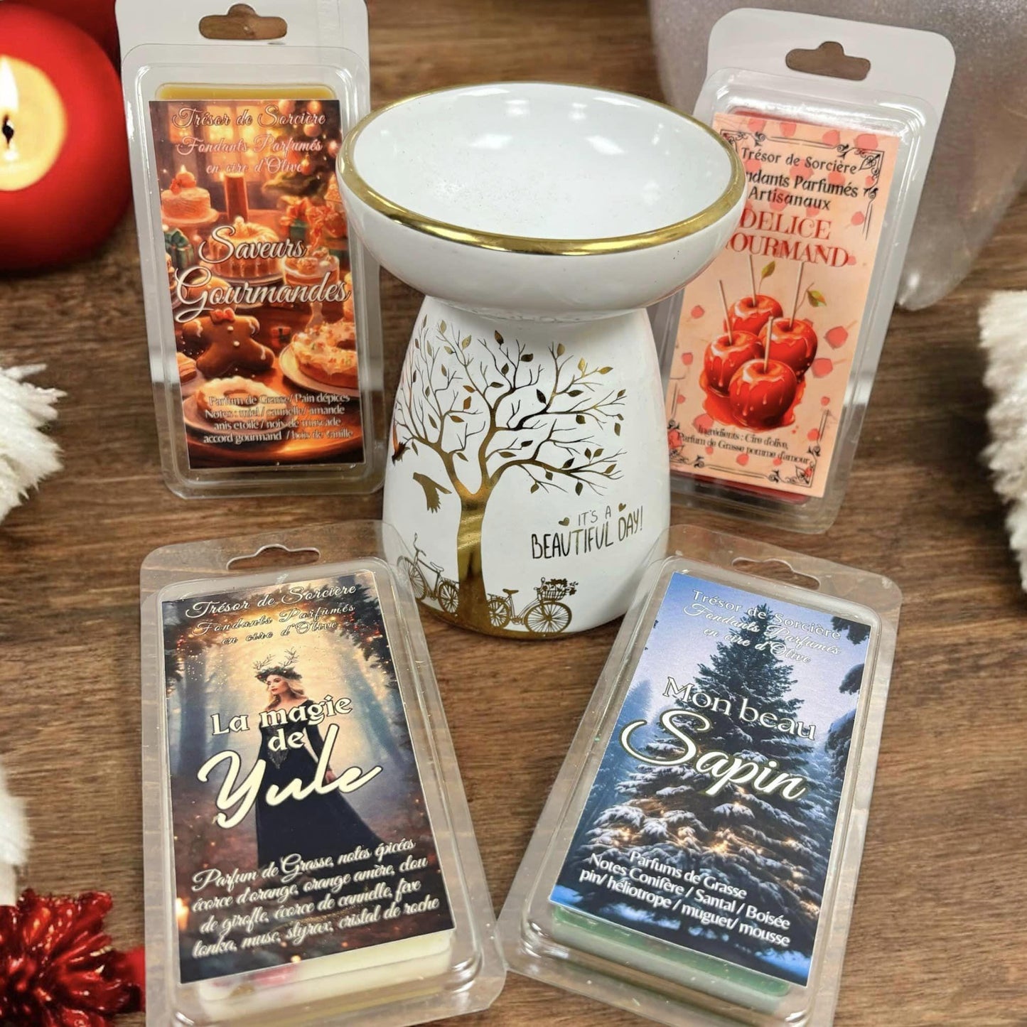 coffret Noël fondants parfumés et brûleur, cadeau Noël, fondants parfumés en cire d'olive, fondants de cire