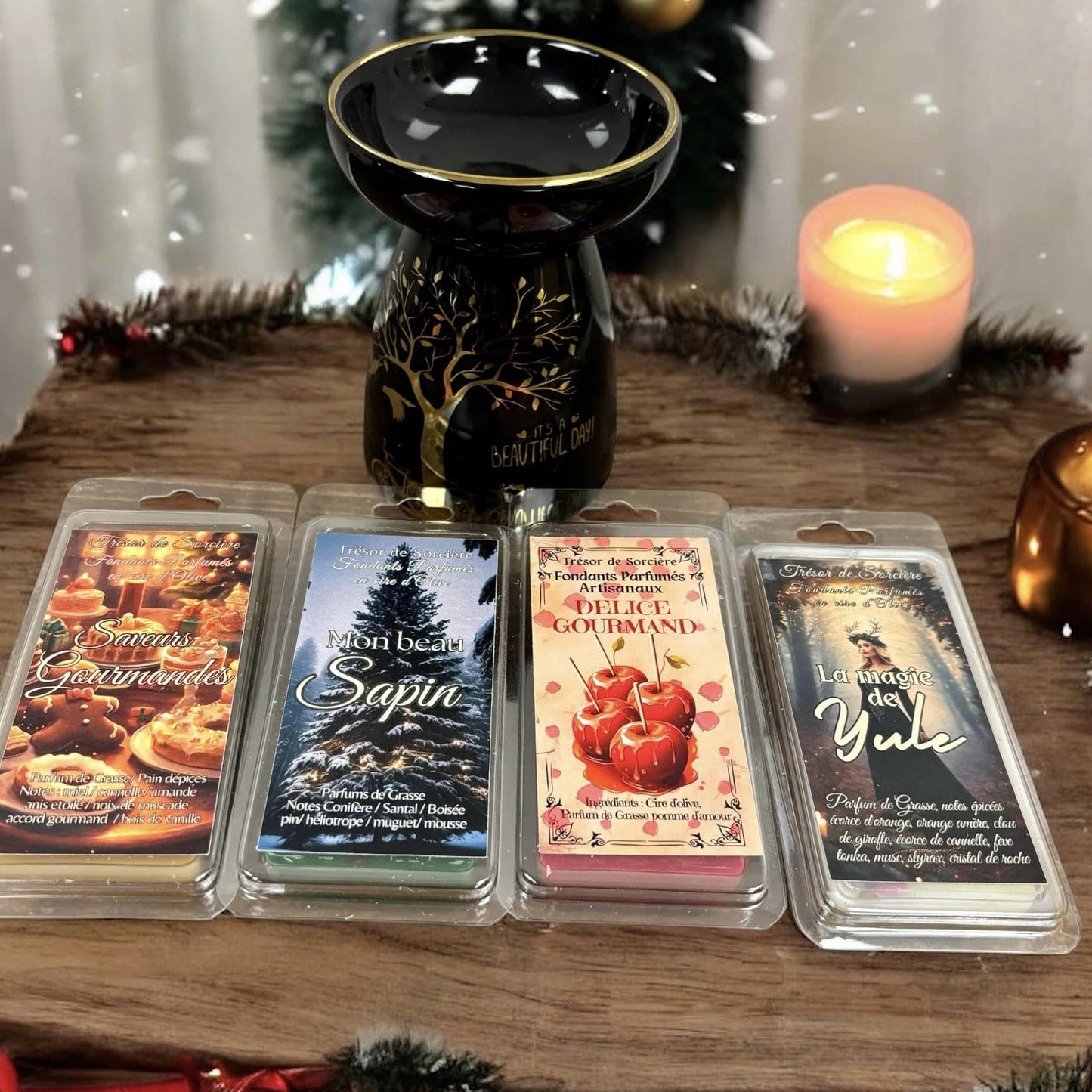 coffret Noël fondants parfumés et brûleur, cadeau Noël, fondants parfumés en cire d'olive, fondants de cire