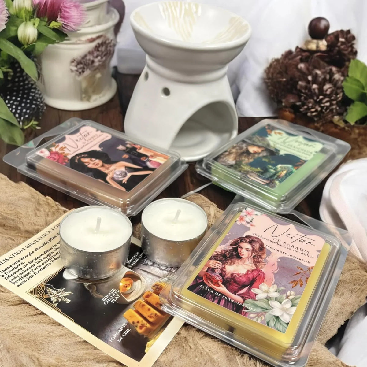 coffret de fondants avec brûle parfum, coffret fondants parfumés, fondants sorcière, fondants de cire d'olive