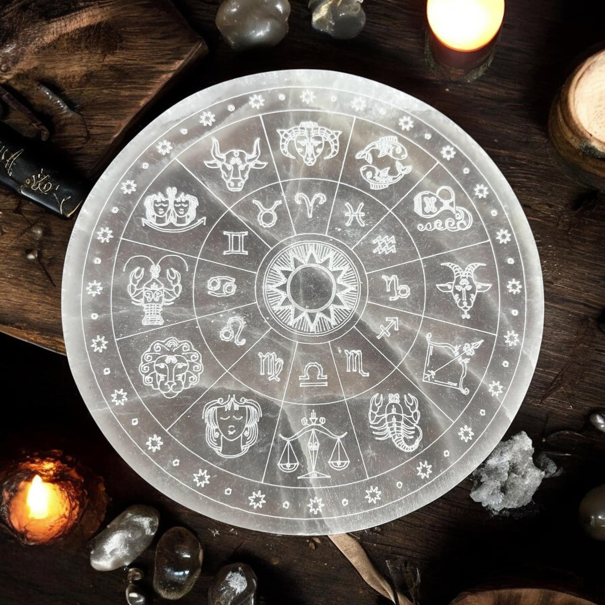 cercle de sélénite, plaque de rechargement sélénite, plaque astrologique