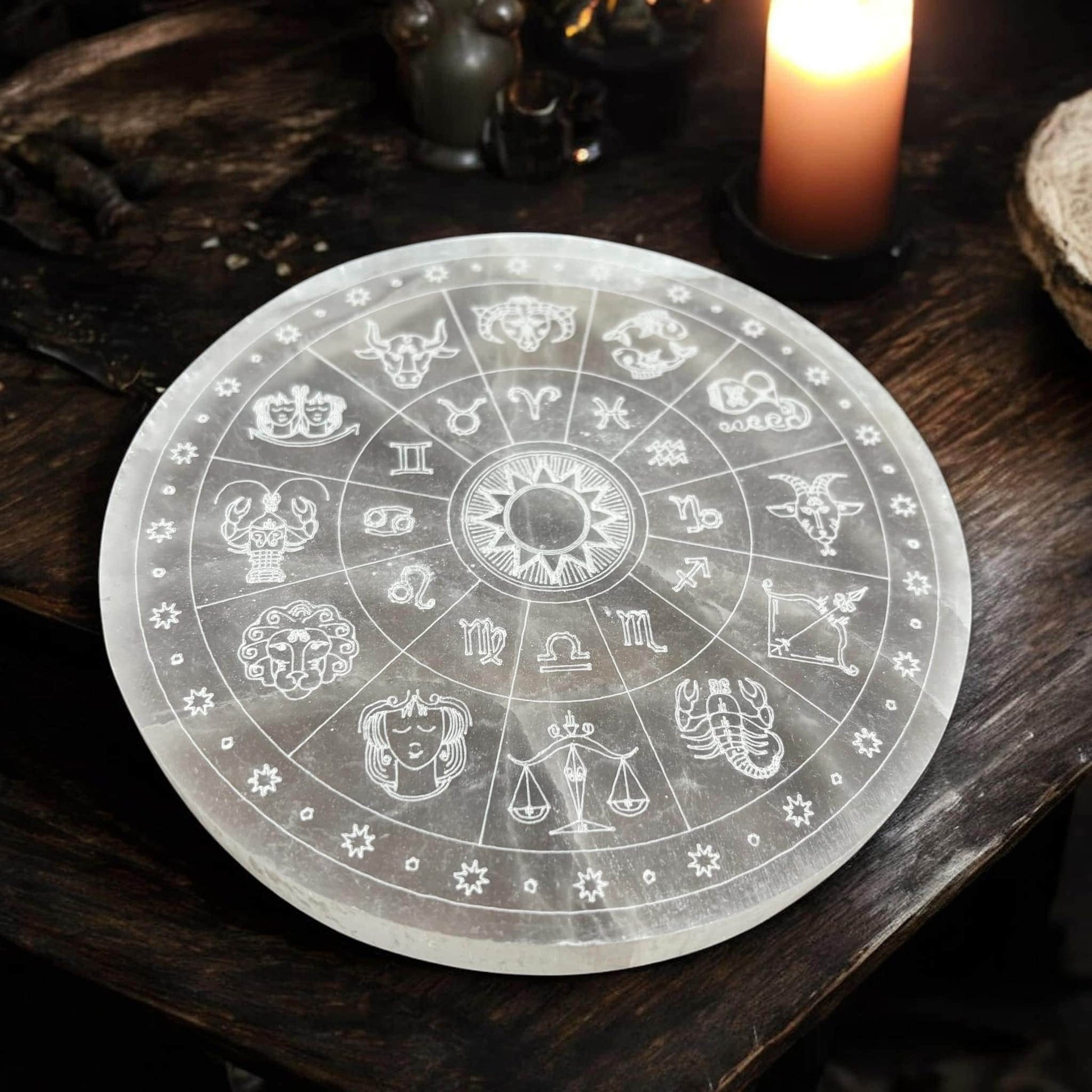 cercle de sélénite, plaque de rechargement sélénite, plaque astrologique