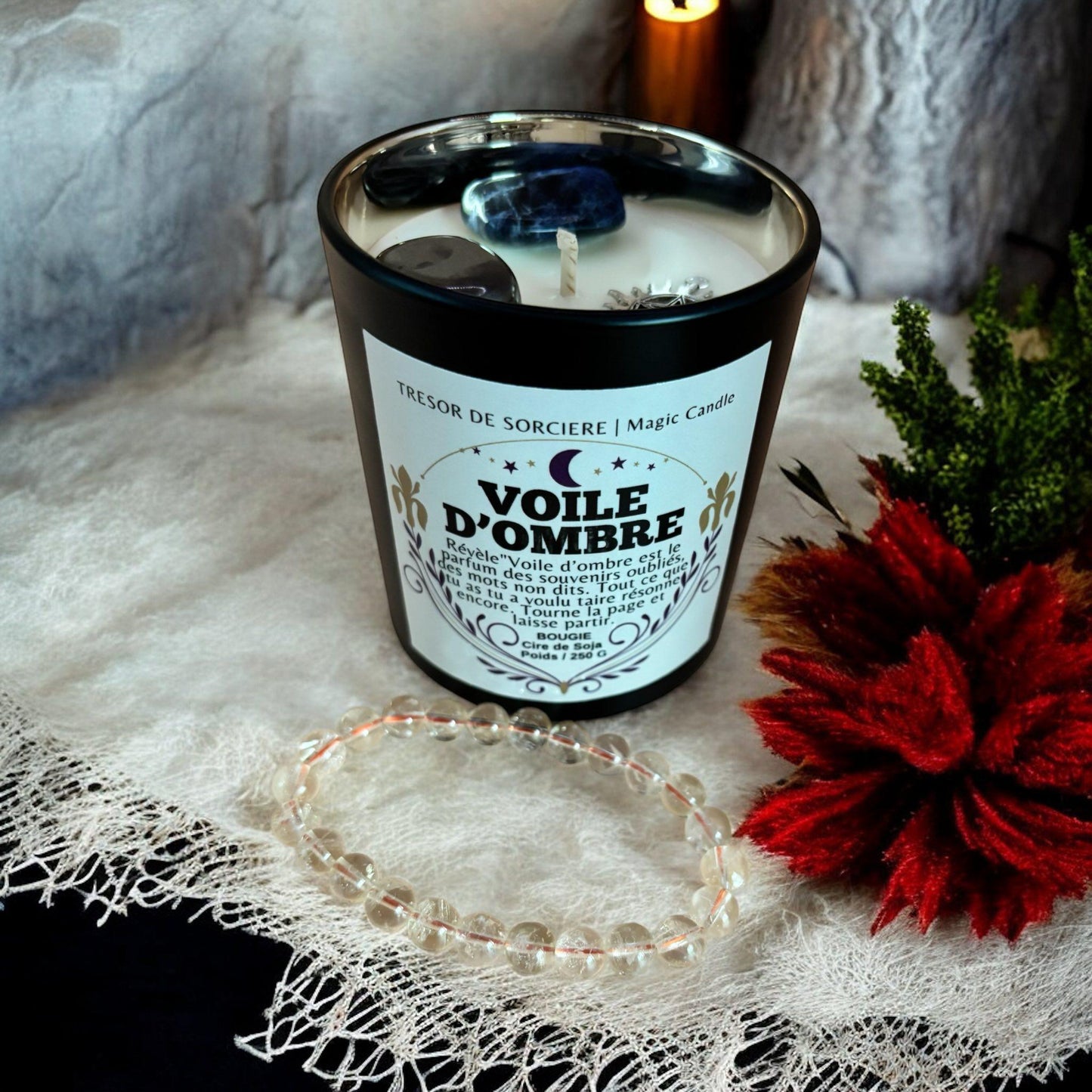 bougie "voile d'ombre", bougie rituel, bougie sorcière, bougie cristaux, bougie d'intention, bougie de manifestation, bougie parfumée
