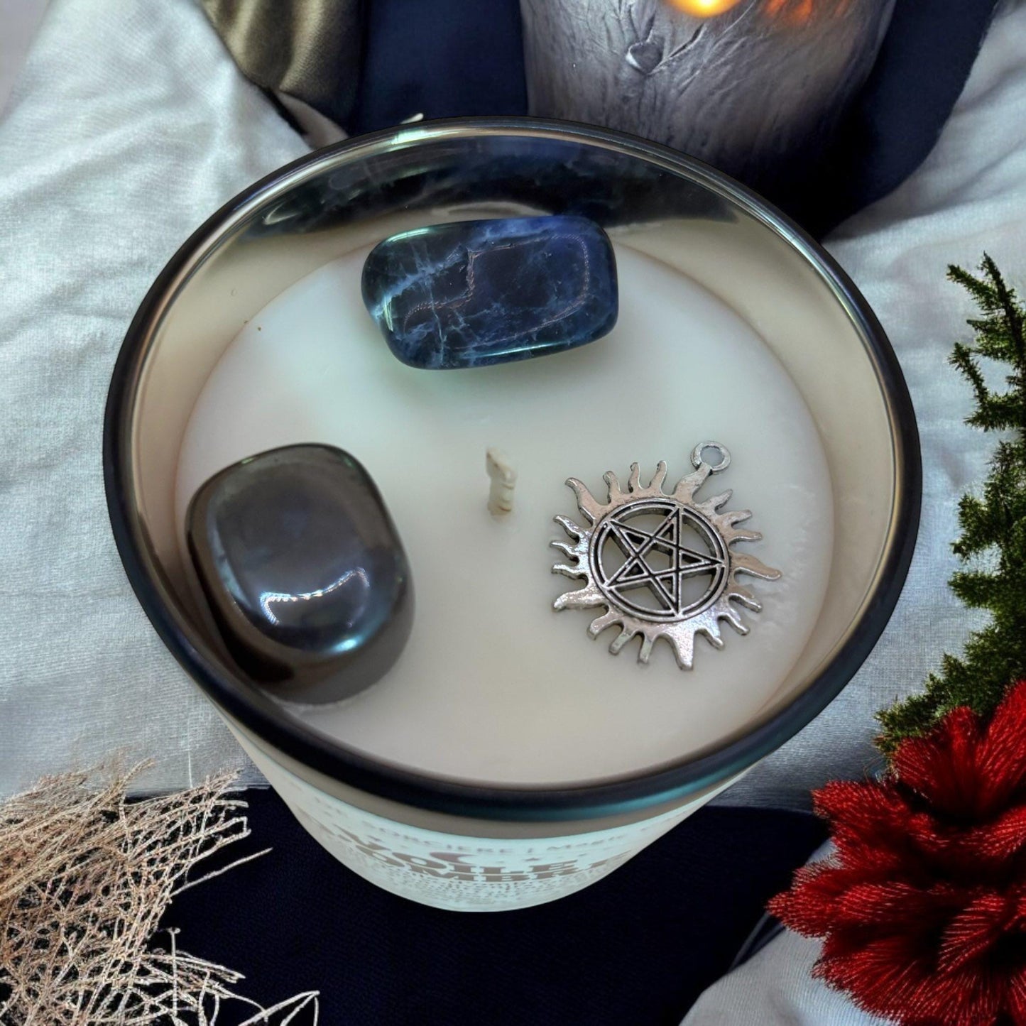 bougie "voile d'ombre", bougie rituel, bougie sorcière, bougie cristaux, bougie d'intention, bougie de manifestation, bougie parfumée