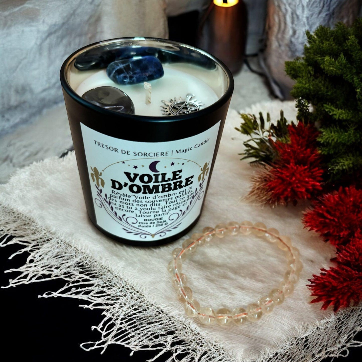 bougie "voile d'ombre", bougie rituel, bougie sorcière, bougie cristaux, bougie d'intention, bougie de manifestation, bougie parfumée
