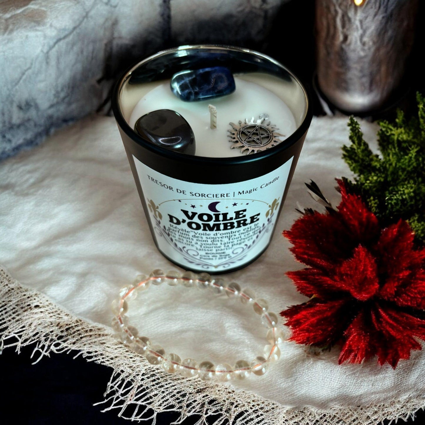 bougie "voile d'ombre", bougie rituel, bougie sorcière, bougie cristaux, bougie d'intention, bougie de manifestation, bougie parfumée