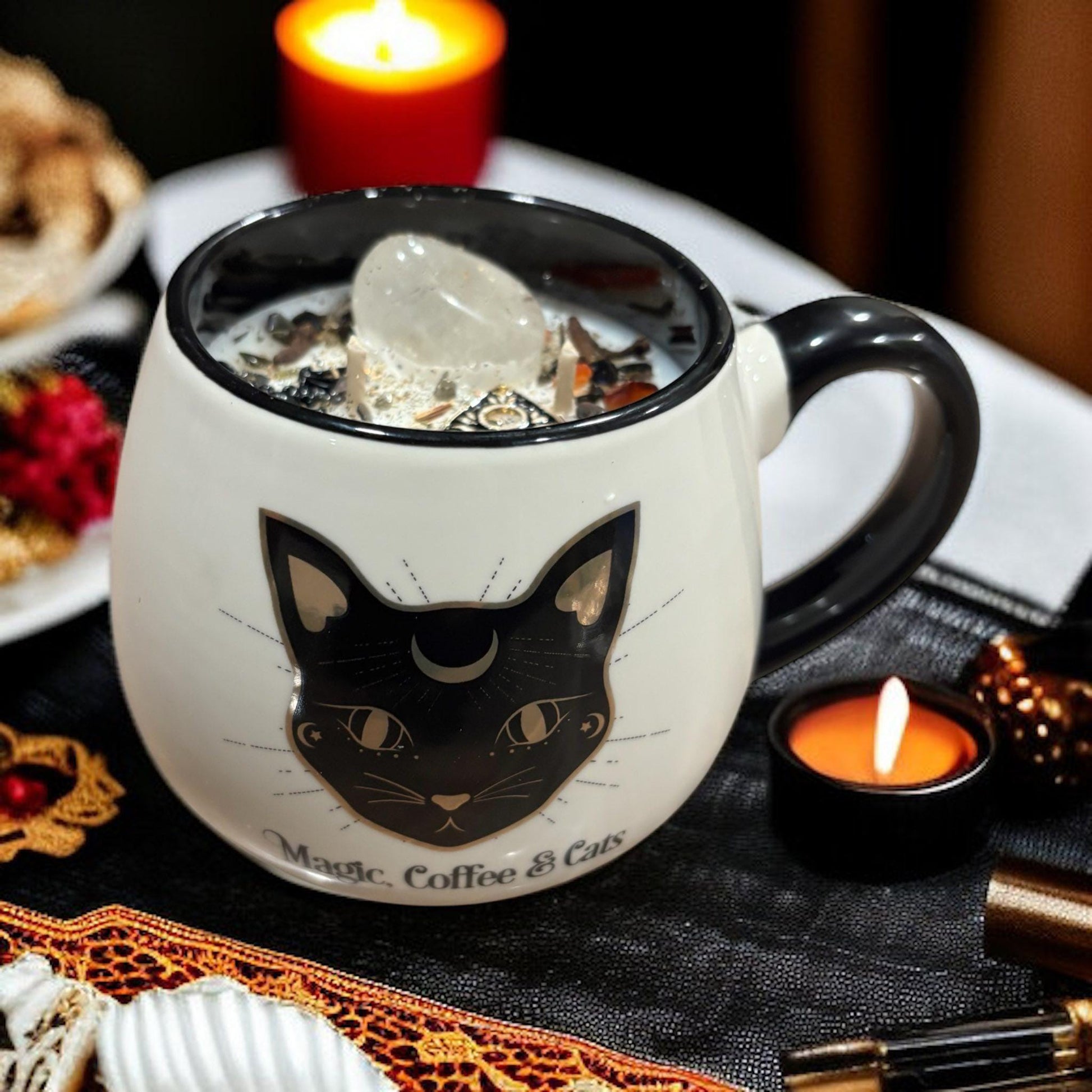 Bougie mug "chat", bougie sorcière, bougie samhain, bougie artisanale