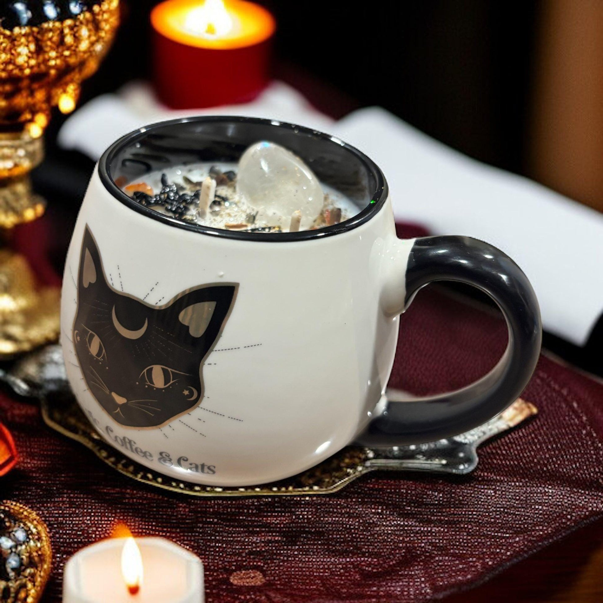 Bougie mug "chat", bougie sorcière, bougie samhain, bougie artisanale