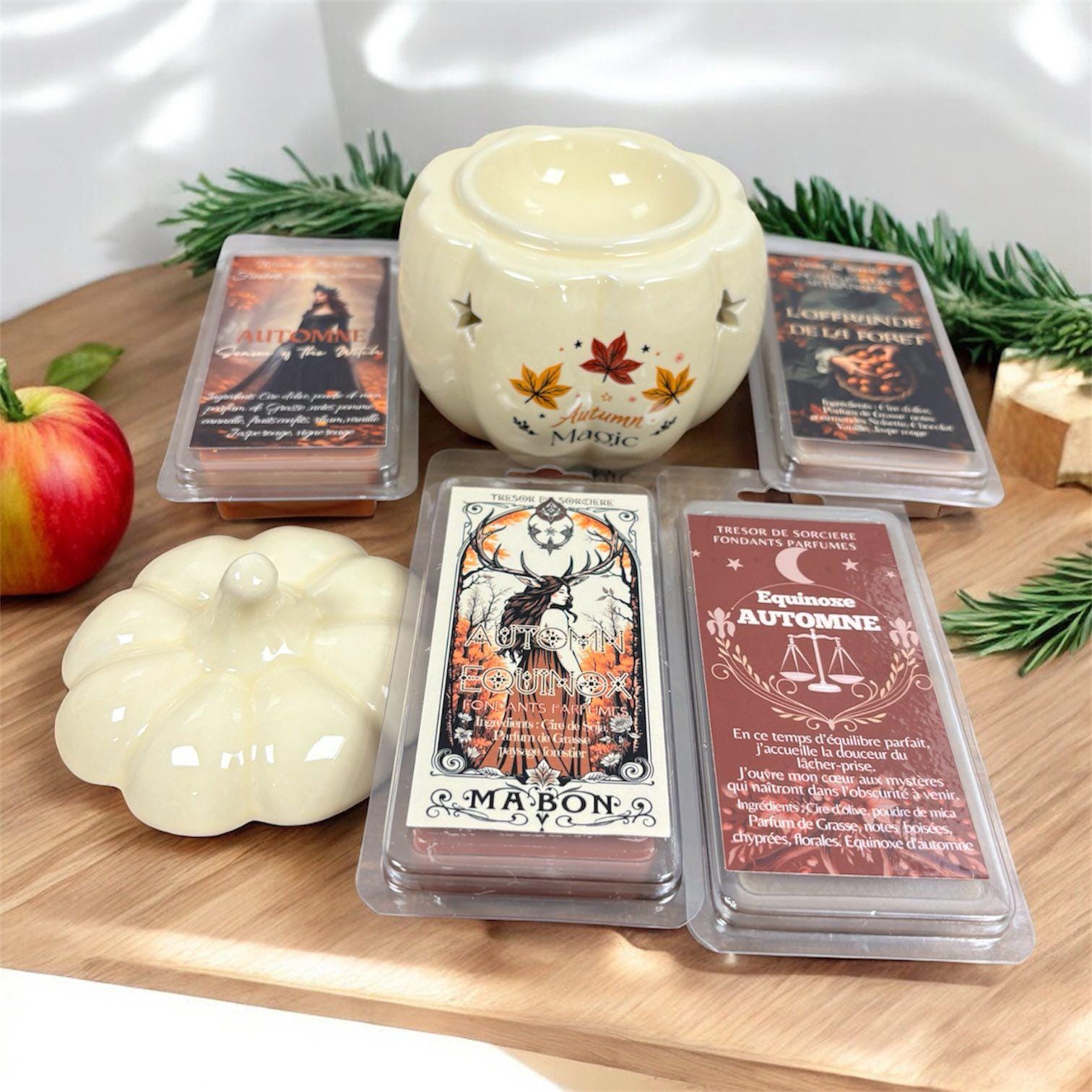 coffret d'automne, coffret de fondants parfumés, brûleur à cire citrouille, fondants parfumés automne, magic automn