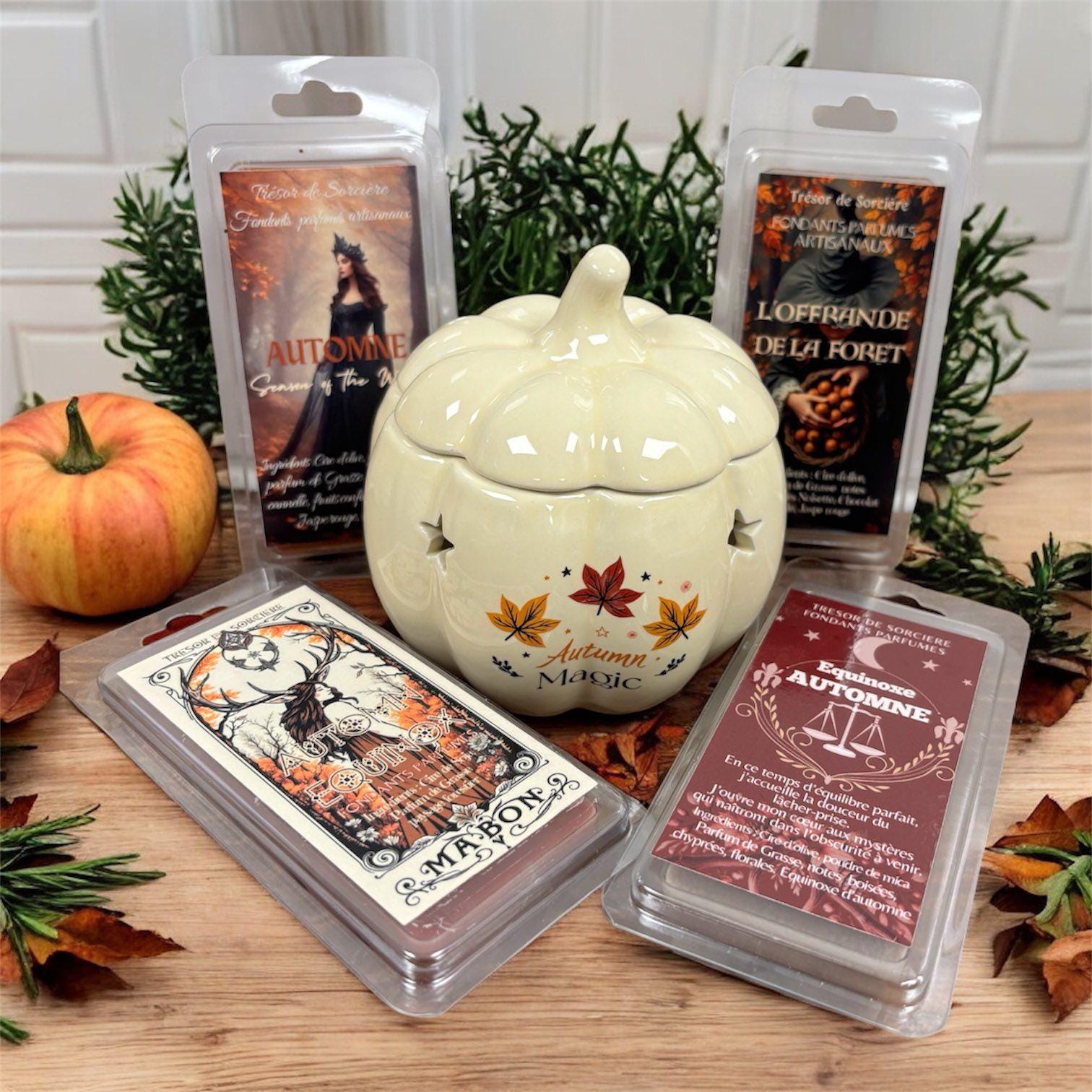 coffret d'automne, coffret de fondants parfumés, brûleur à cire citrouille, fondants parfumés automne, magic automn