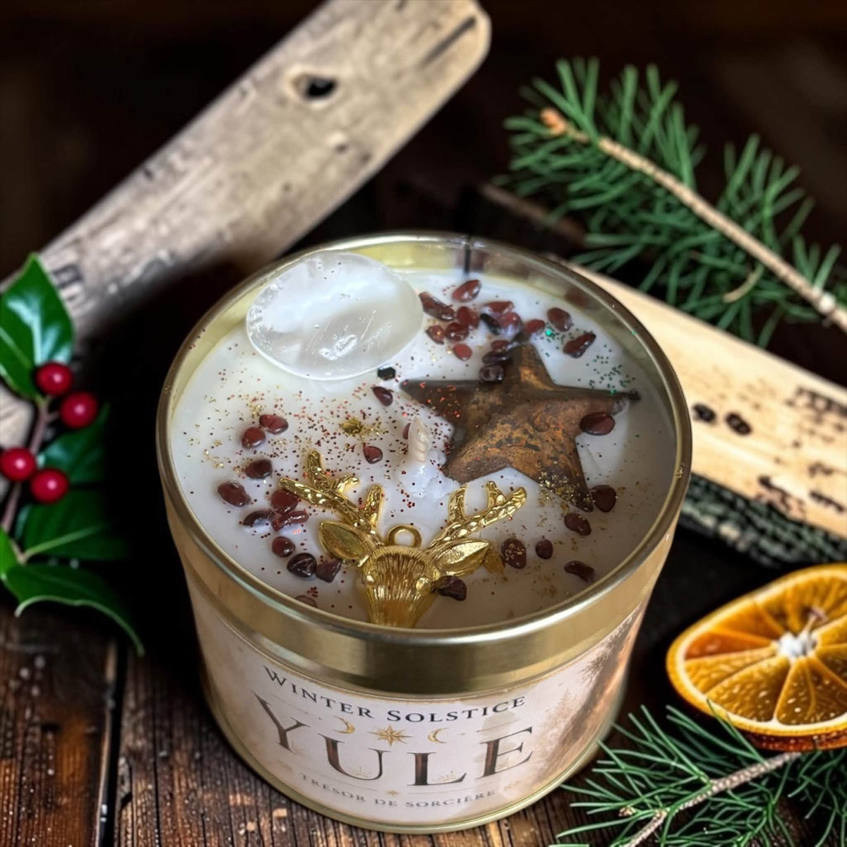 Box de Yule, bougie rituelle verte pin et cèdre