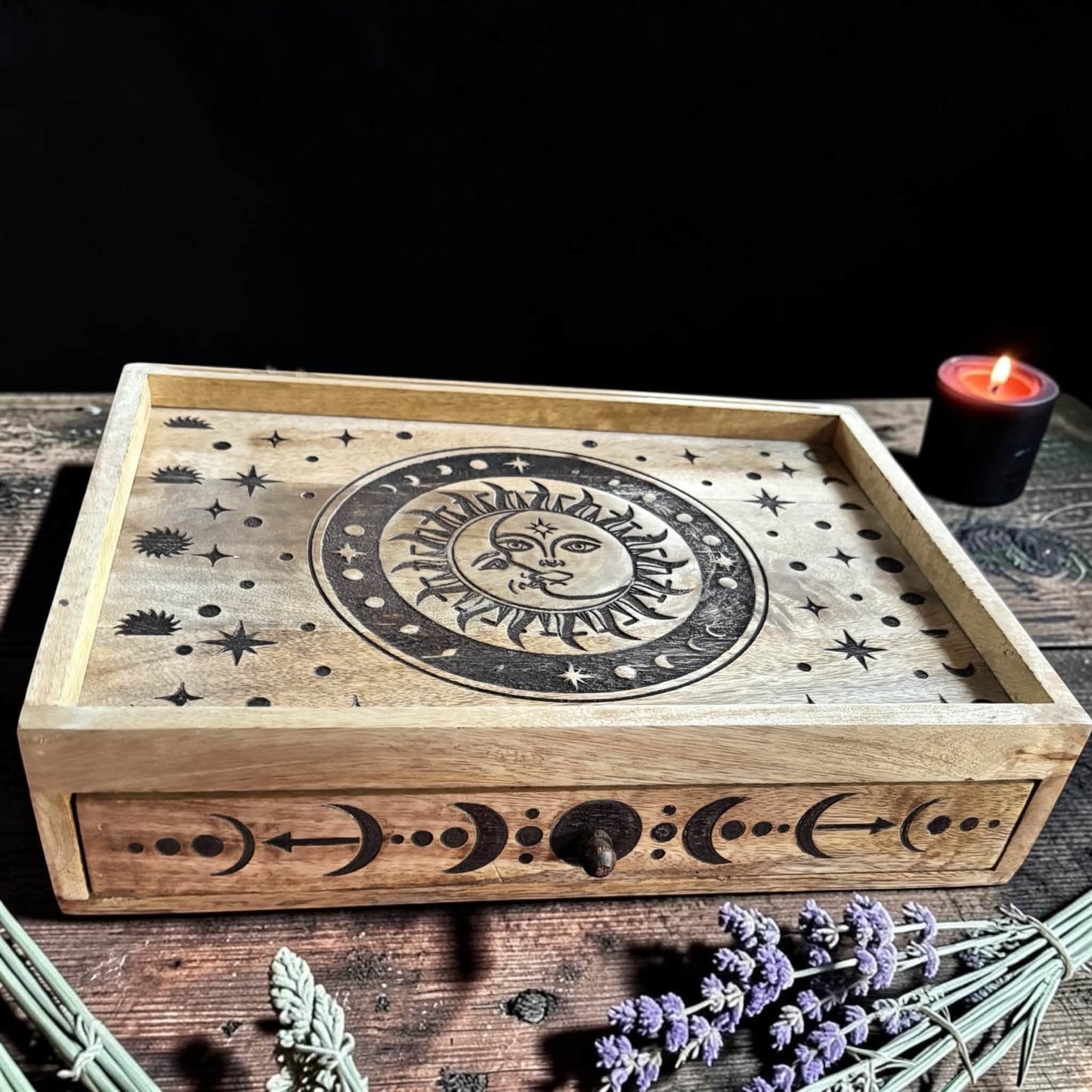 Boîte à tarot lune et soleil, tiroir de rangement