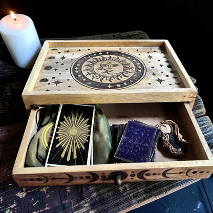 Boîte à tarot lune et soleil, présentoir de cartes