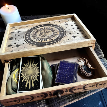 Boîte à tarot lune et soleil, rangement cartes et accessoires