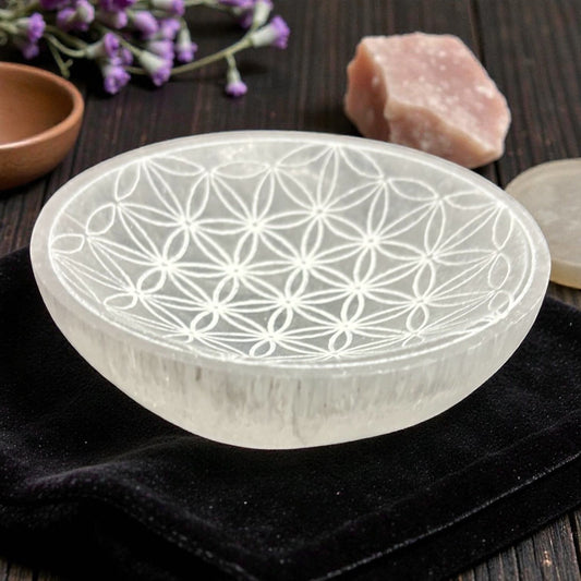 bol de sélénite, bol fleur de vie, pierre de sélénite