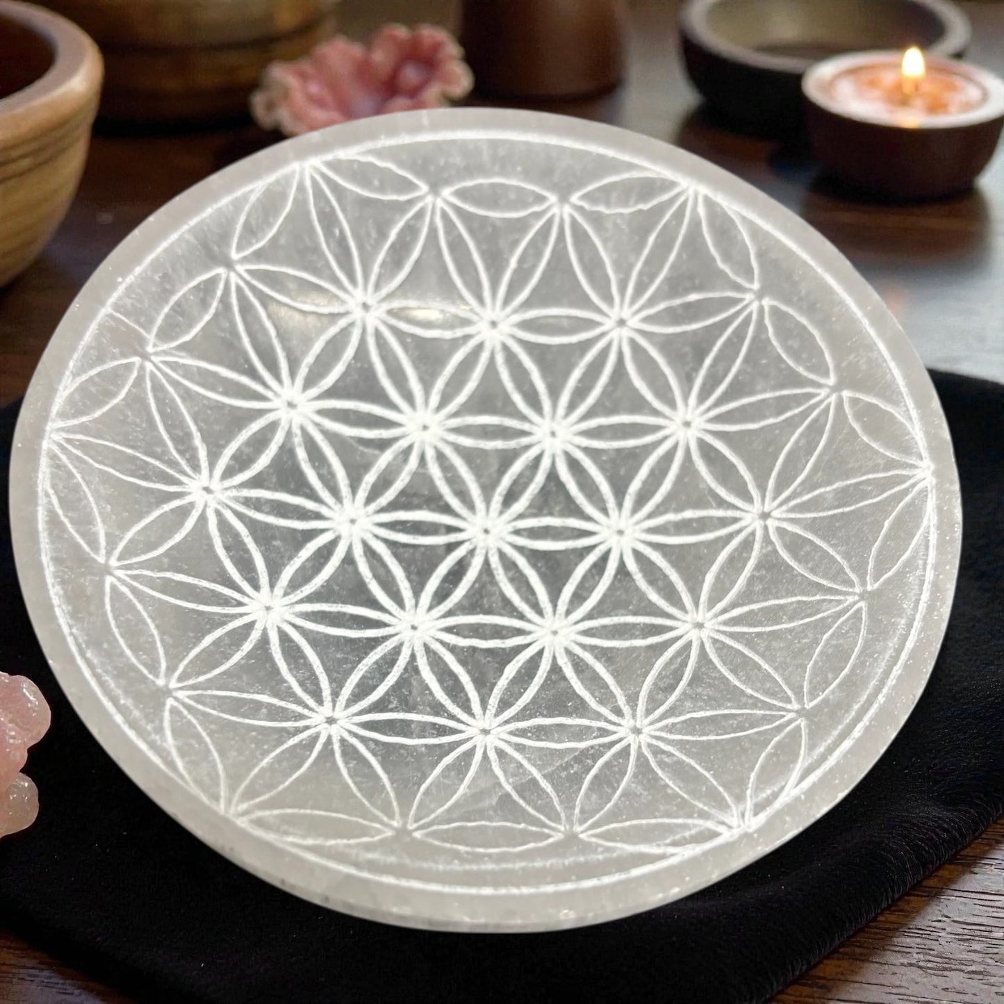 bol de sélénite, bol fleur de vie, pierre de sélénite