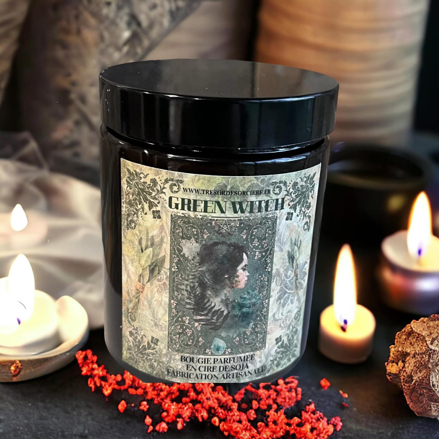 Bougie "Green witch", bougie sorcière, bougie d'intention