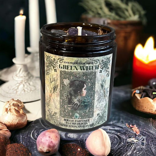 Bougie "Green witch", bougie sorcière, bougie d'intention
