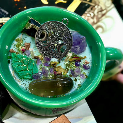 Bougie chaudron "green witch", bougie d'intention, bougie sorcière