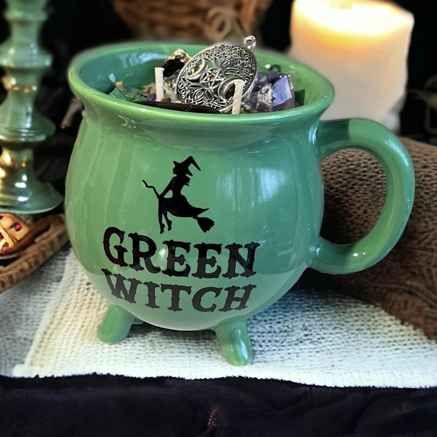 Bougie chaudron "green witch", bougie d'intention, bougie sorcière