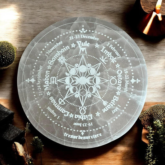 Cercle de sélénite "trésor de sorcière", plaque de rechargement sélénite