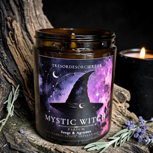 Bougie Mystic Witch sauge et agrumes, bougie sorcière artisanale avec obsidienne et grenat