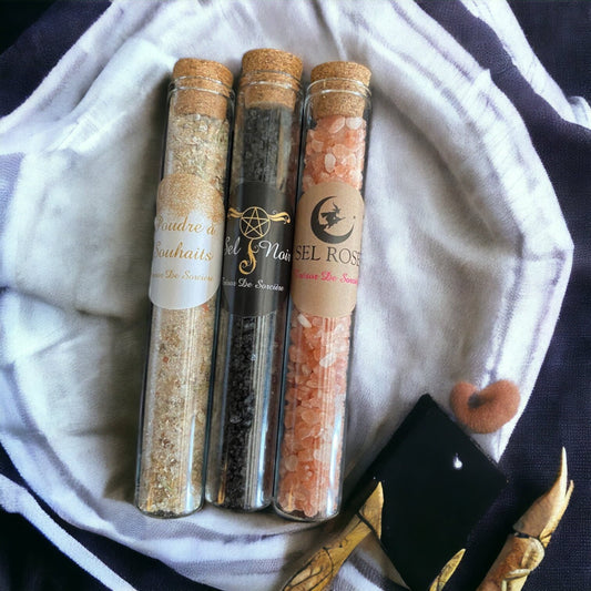 tube de sel noir, poudres à souhaits, sel rose , fiole sels magique, sorcellerie, rituels, occultisme, ésotérique, sorcière, wicca, witchy