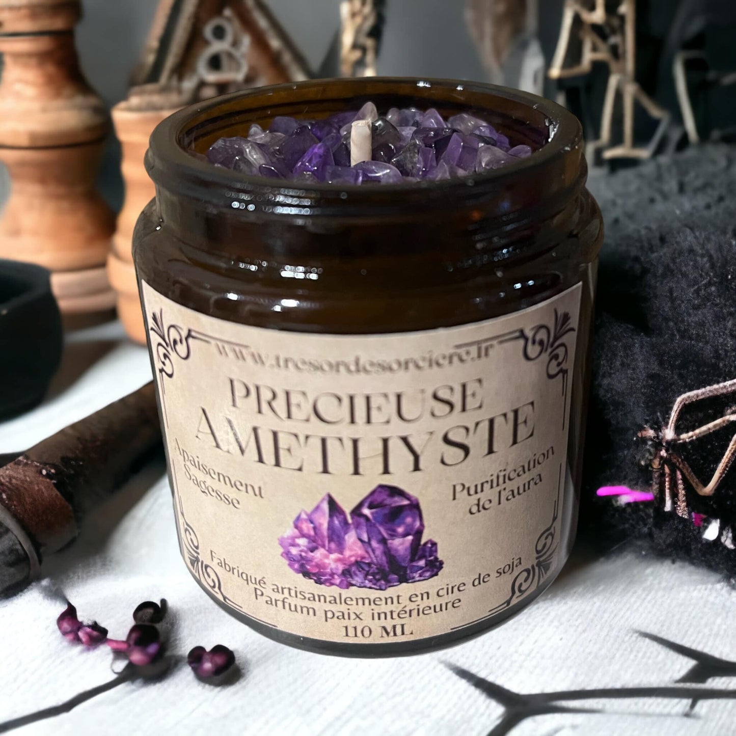 Bougie méditation, Précieuse améthyste, bougie d'intention