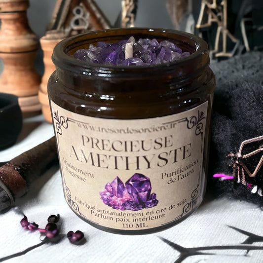 Bougie méditation, Précieuse améthyste, bougie d'intention