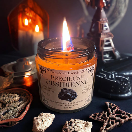 Bougie protection, bougie précieuse obsidienne noire
