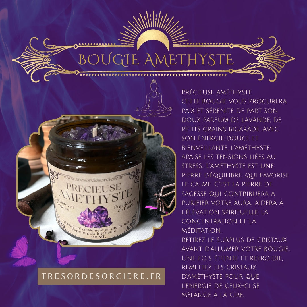 Bougie méditation, Précieuse améthyste, bougie d'intention