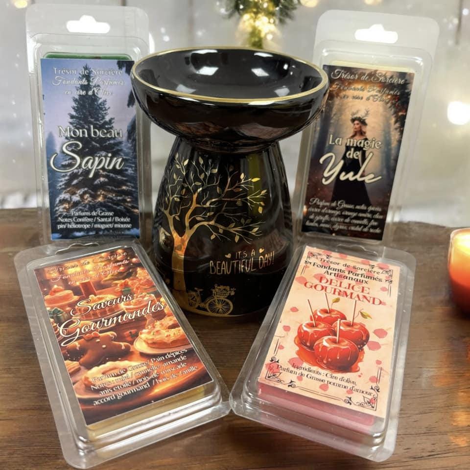 coffret Noël fondants parfumés et brûleur, cadeau Noël, fondants parfumés en cire d'olive, fondants de cire