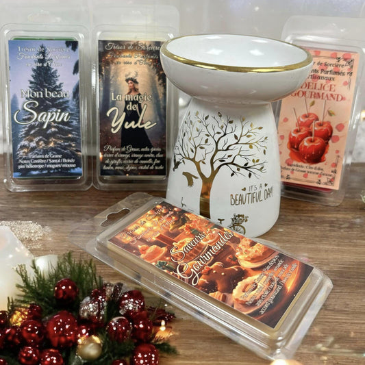 coffret Noël fondants parfumés et brûleur, cadeau Noël, fondants parfumés en cire d'olive, fondants de cire