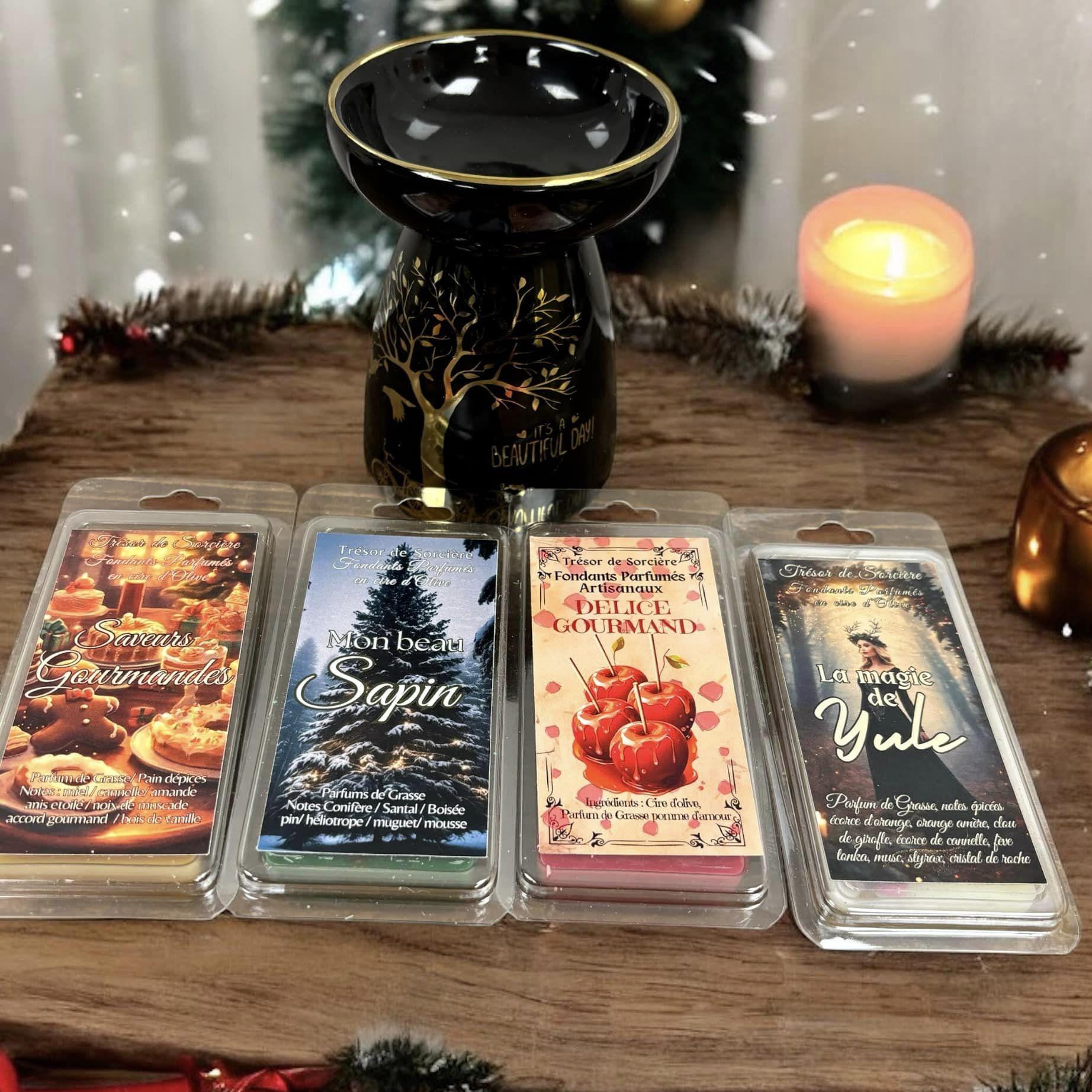 coffret Noël fondants parfumés et brûleur, cadeau Noël, fondants parfumés en cire d'olive, fondants de cire