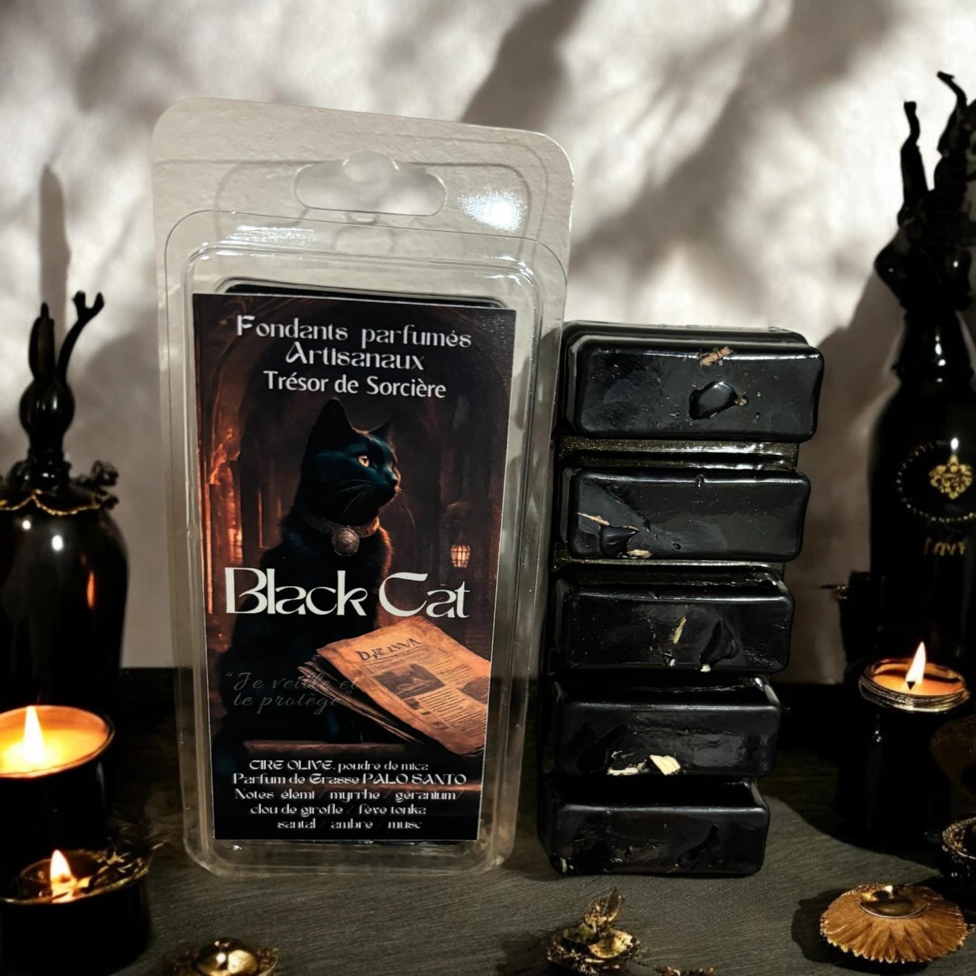 fondants de cire parfumés, fondants parfumés sorcière, fondants d'intentions, fondants parfumés en cire d'olive, black cat