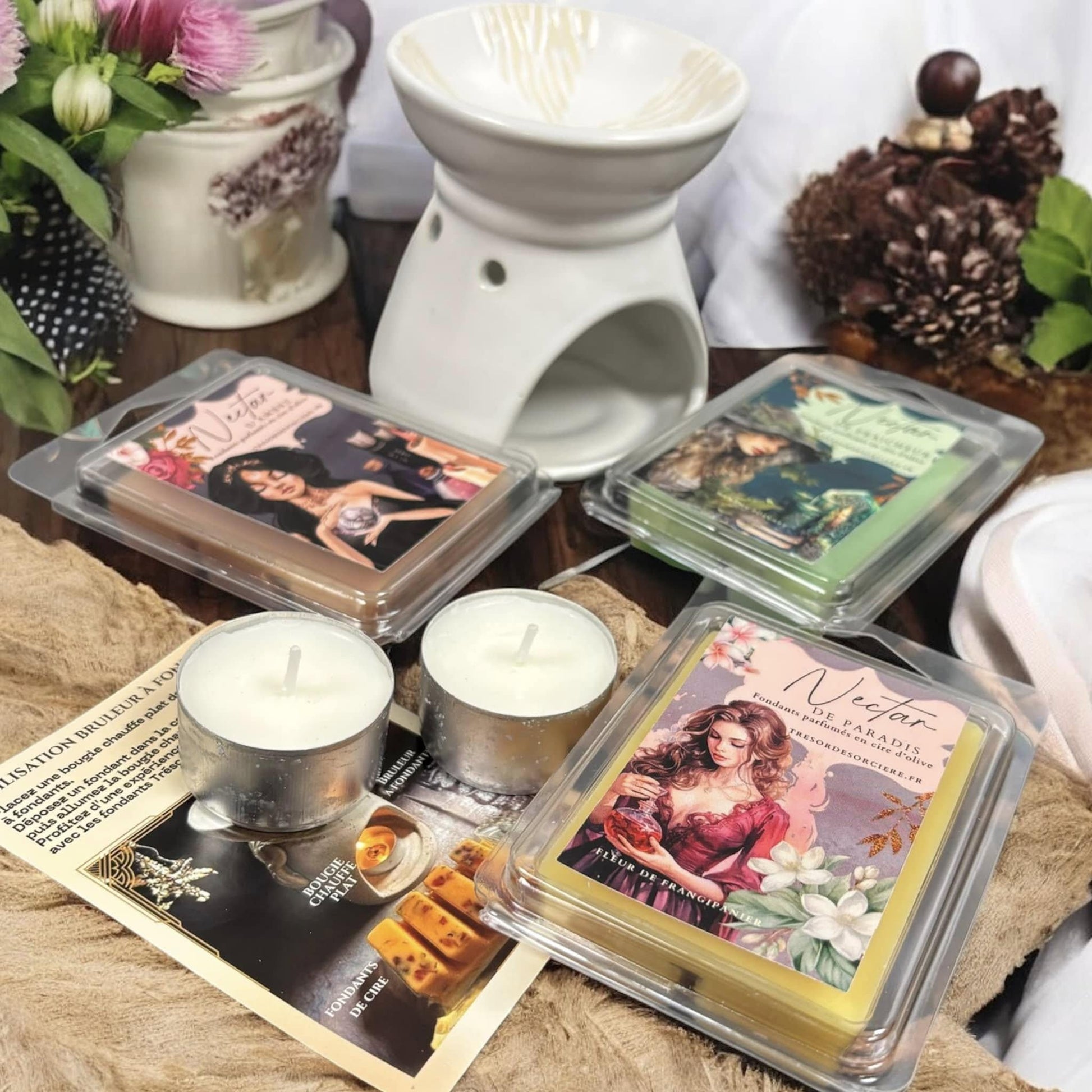 coffret de fondants avec brûle parfum, coffret fondants parfumés, fondants sorcière, fondants de cire d'olive