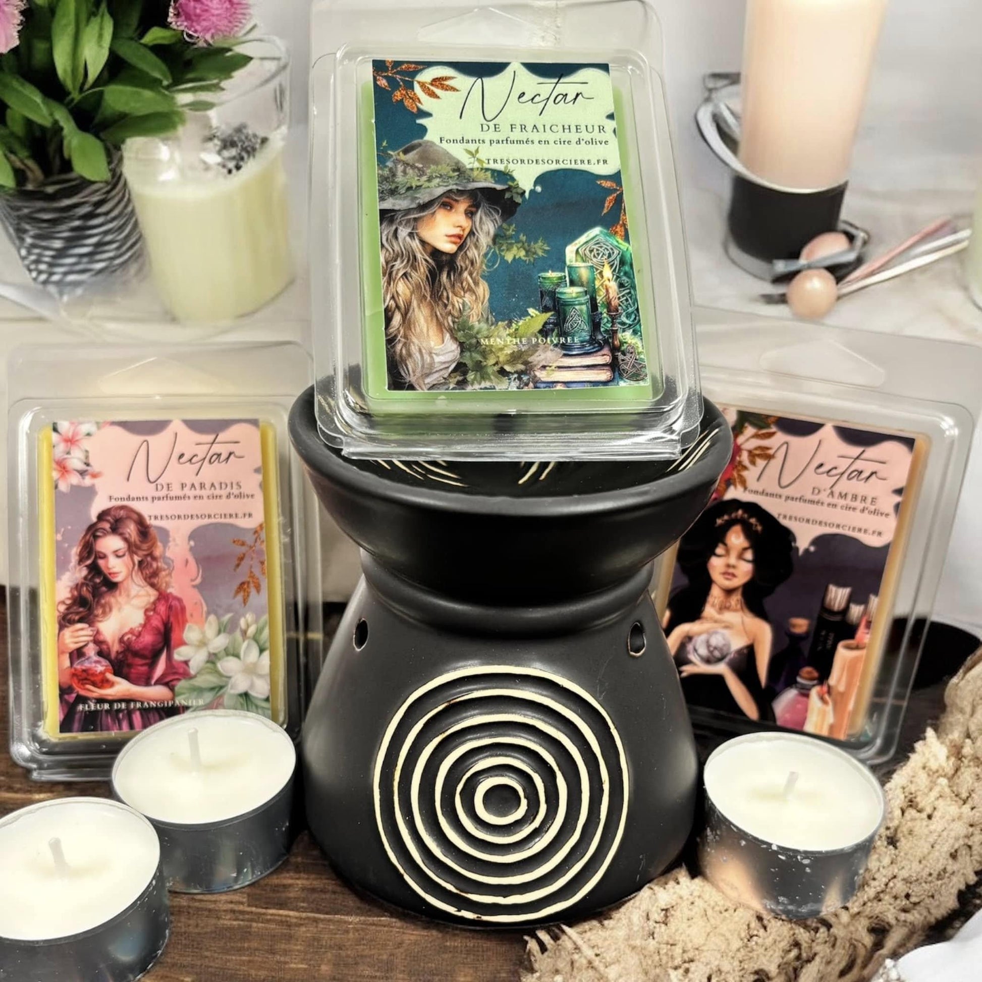 coffret de fondants avec brûle parfum, coffret fondants parfumés, fondants sorcière, fondants de cire d'olive