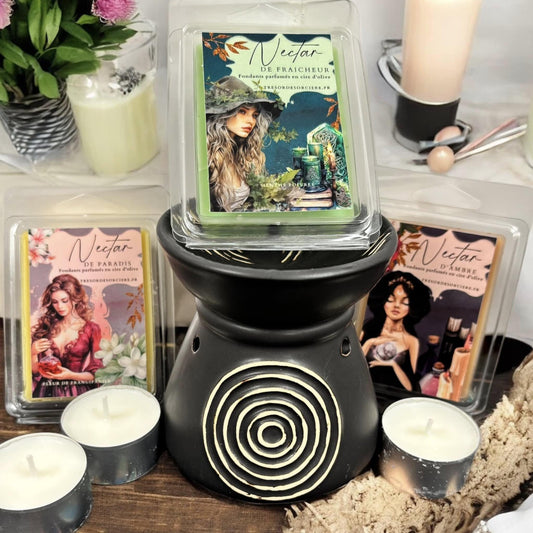 coffret de fondants avec brûle parfum, coffret fondants parfumés, fondants sorcière, fondants de cire d'olive