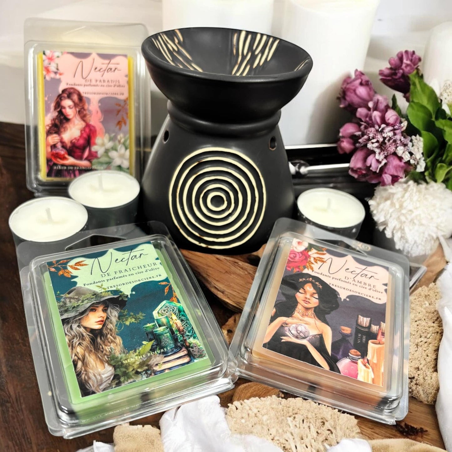coffret de fondants avec brûle parfum, coffret fondants parfumés, fondants sorcière, fondants de cire d'olive