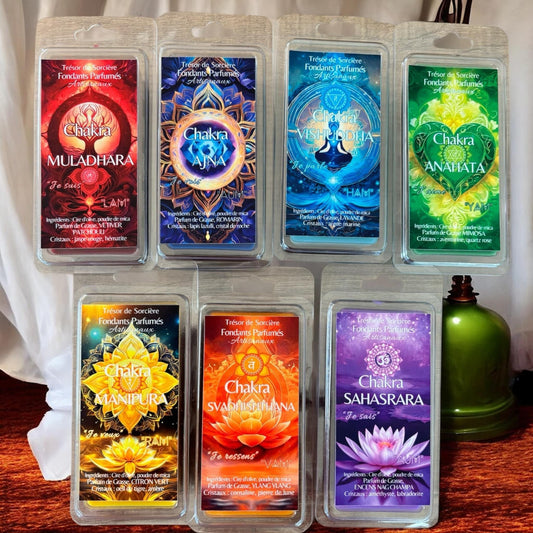 coffret chakras fondants, coffret fondants parfumés, fondants chakras, fondants d'intention, fondants sorcière, chakras